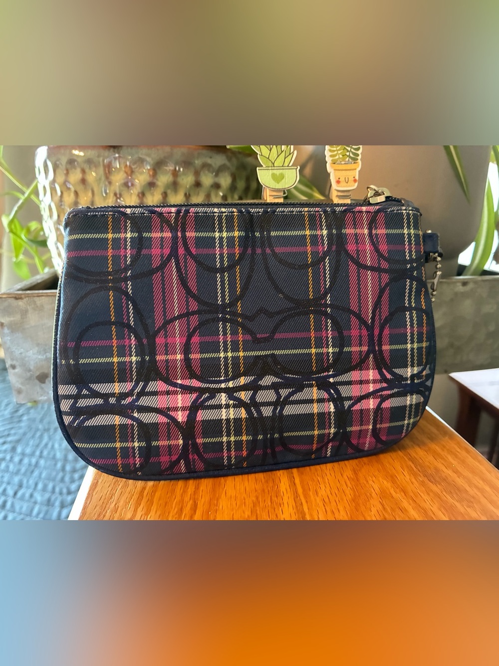 Coach Navy Wristlet with Pink Tartan Plaid Accent - Picture 2 of 3